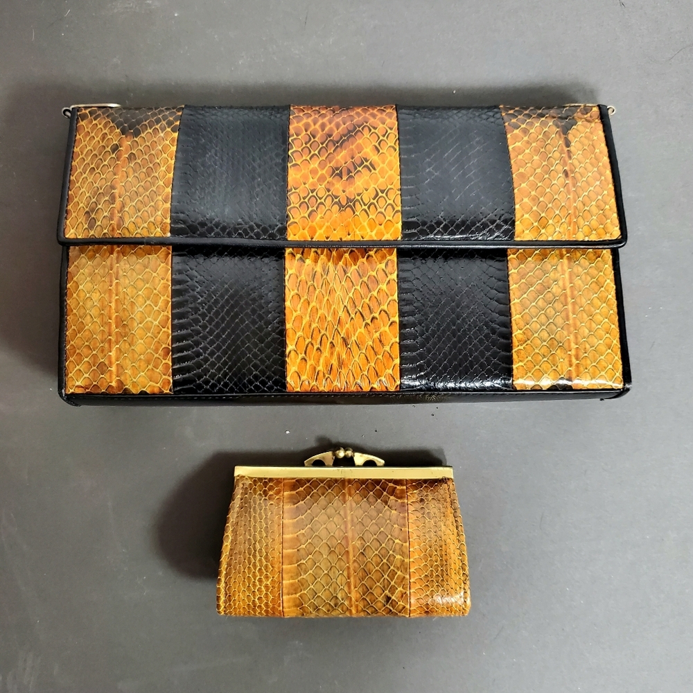 Vintage Snakeskin Colour Block Evening Purse Bag & Wallet - Picture 3 of 8
